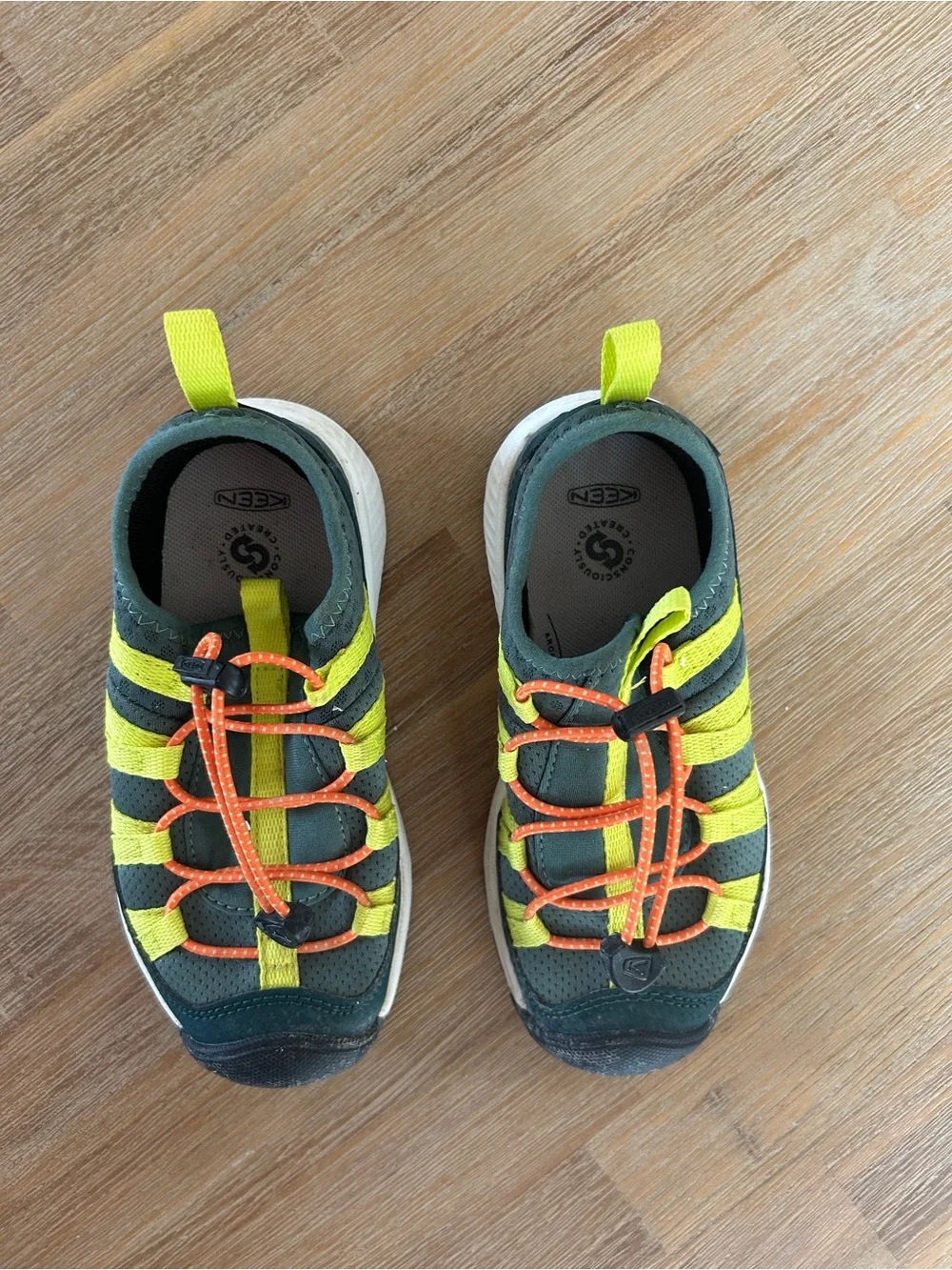 Keen Kids Dark Green Water Shoes with Yellow Straps and Orange Laces